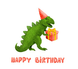 Happy birthday dinosaur, funny t-rex cartoon illustration. Character dino in party hat with gift box. Watercolor tyrannosaur holiday card design    © zzorik