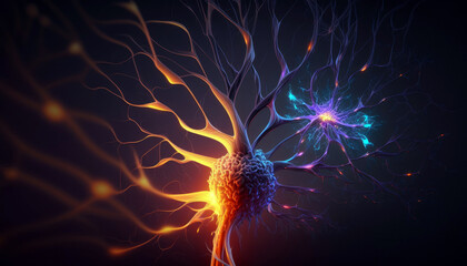 Neurons firing signals across neural synapse, close up glial cells, generative ai - obrazy, fototapety, plakaty