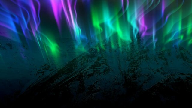 The abstract background of the multi -colored northern lights and mountains in the north, a bright iridescent realistic light light in the sky. Video 4K, 60 FPS