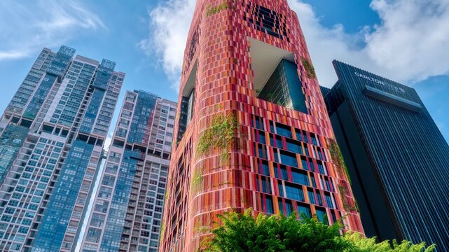 Singapore, Singapore - Dec 6, 2015. An example of biophilic design, the Oasia Hotel  when still under construction, its red facade mostly bare but covered with mesh and newly attached climbing plants.