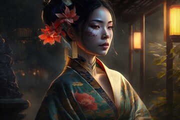 A Geisha's Serene Artistry: The Mesmerizing Fan Dance in a Tranquil Garden