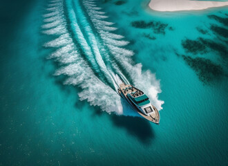 Aerial view of the speed boat in the sea clear blue water ,Generative AI
