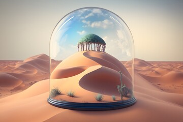 Fototapeta na wymiar desert landscape in glass dome created using AI Generative Technology
