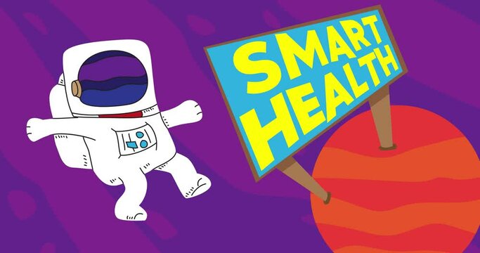 Astronaut adrift near a Red Planet with Smart Health Billboard. Abstract cartoon animation. 4k HD Format resolution video.