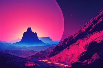 Mountain terrain landscape with pink and blue glowing neon light circle frame, retro technology or futuristic alien background template. Generative AI