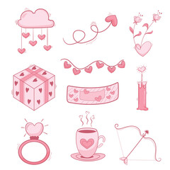 set of cute doodle illustration of valentine elements