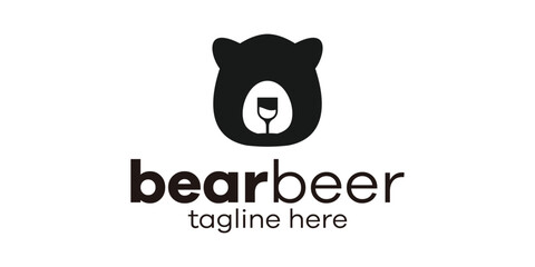 logo design head bear and beer negative space icon vector illustration