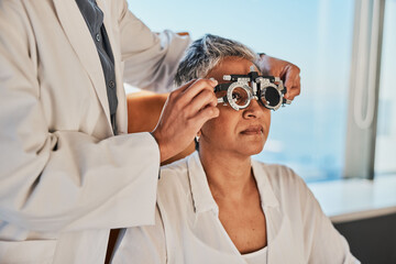 Senior eye exam, optometrist and medical eyes test of elderly woman at doctor consultation. Vision, healthcare focus and old female patient with consulting wellness expert for lens and glasses check
