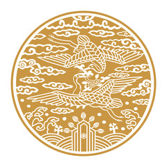 Circular crane, cloud, and herb of immortality pattern, which are Korean traditional patterns, 
한국전통문양인 원형 학과 구름,불로초 패턴