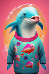 Dolphin  in Sweater as Fashion Model Bright Colors Generative AI Digital Illustration Part#220223