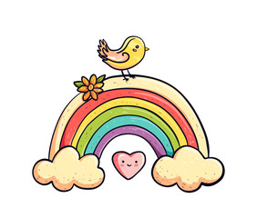Kawaii bird, rainbow, clouds, heart. Beautiful cartoon character illustration in retro style. Vector cute design