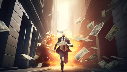 Businessman running with a lot money on the street.achievement or success concepts.Generative ai technology
