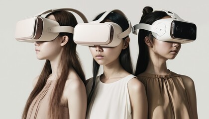 Naklejka premium Girls with VR headset exploring the metaverse. Generative AI