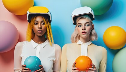 Girls with VR headset exploring the metaverse. Generative AI