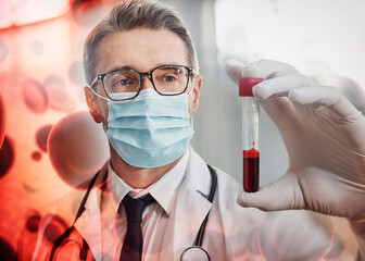 Covid, doctor with mask and blood sample overlay for pathology, healthcare and virus testing in laboratory. Science, analytics and dna for medical research and vaccine manufacture, innovation in lab.