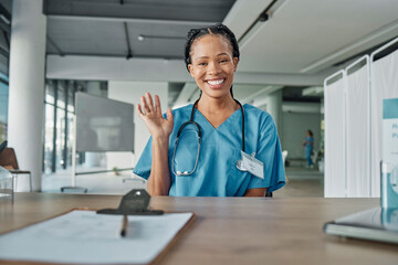 Portrait, black woman and doctor greeting, hospital and smile with success, medicine development...