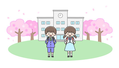 Obraz na płótnie Canvas 入学式　校舎の前に立つ新一年生の男の子と女の子