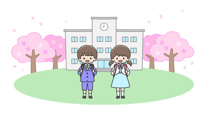 Obraz na płótnie Canvas 入学式　校舎の前に立つ新一年生の男の子と女の子