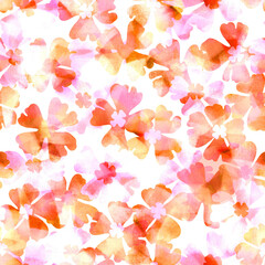 Seamless fabric layered pattern of blurred pink – orange flowers on a white background