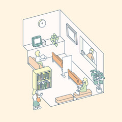 病院や市役所の待合空間。本などを読んで過ごす