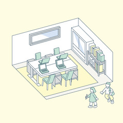 建物の中の仕事部屋。様々な人が行きかう