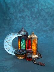 Islamic concept background Lantern lamp with Dates and crescent moon, Ramadan 2023 Background Design