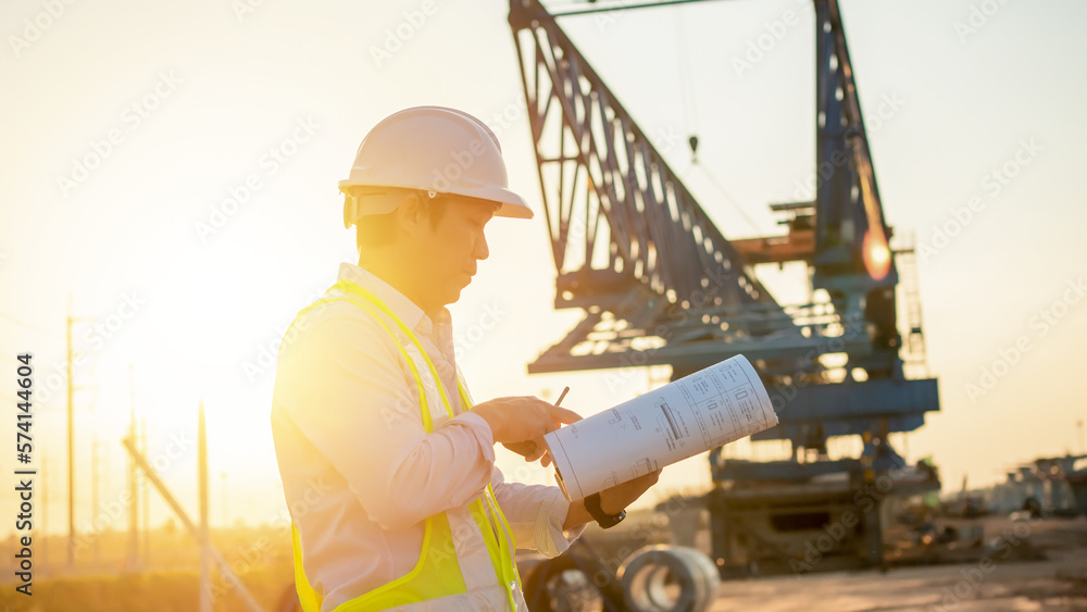 Poster men engineer talking on walkie-talkie and holding blueprint for inspecting and working at constructi