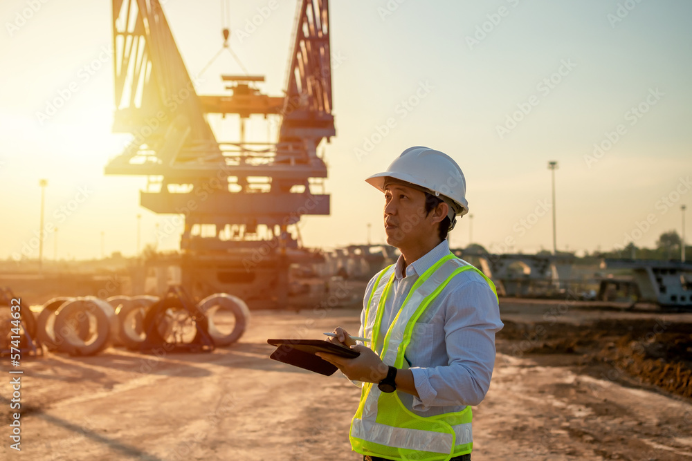 Aufkleber asian engineer with hardhat using tablet pc computer inspecting and working at construction site