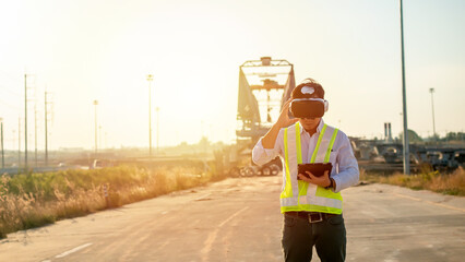 Asian engineer using virtual reality headset and tablet for inspecting and working at construction site