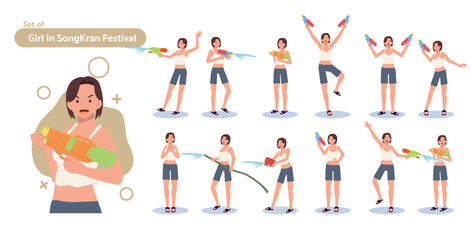 Thai water festival concept. woman, girl in Songkran Festival character set. Different poses and emotions. Flat Vector illustration
