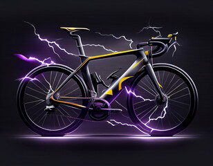 Fototapeta na wymiar Bicycle with lightning around it, black background, generative AI.