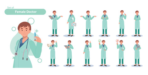 Female doctor character set. Different poses and emotions. Flat Vector illustration