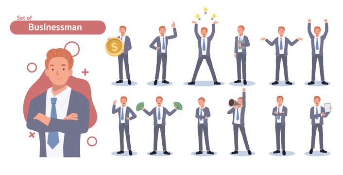 Businessman character set. Different poses and emotions. Flat Vector illustration