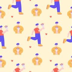 Cute pattern of man with bouquet of flowers