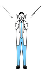 口に手を当てて呼び込みをする聴診器をかけた白衣の男性医師、シニア・中高年のベテラン医師