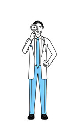 虫メガネをのぞく聴診器をかけた白衣の男性医師、シニア・中高年のベテラン医師