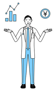 DXのイメージ、業績と売上の向上を案内する聴診器をかけた白衣の男性医師、シニア・中高年のベテラン医師
