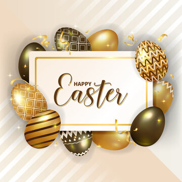 Happy Easter background with realistic metallic colored eggs decoration vector