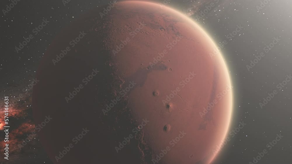 Wall mural red planet mars from space with mountains and atmosphere visible and milky way galaxy background - 3