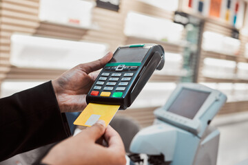 Hands, credit card and machine for banking transaction, ecommerce or payment at clinical store....