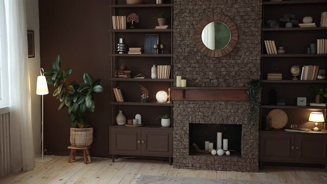 Brown rack with books and decor near the brick fireplace with candles and mirror in a modern stylish interior with large windows, brown walls and potted plants. Bookshelf in the home library. Nobody