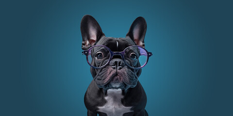 Beautiful french bulldog in glasses isolated on dark blue background. Portrait of a cute Beagle dog. Generative AI with post-processing	
