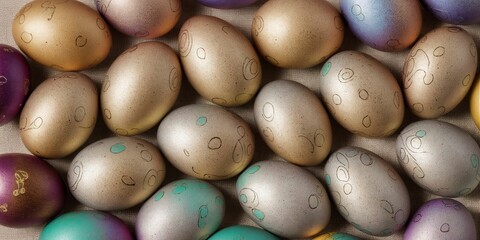 Happy easter! A bunch of beautiful noble colorful eggs / Texture / Easter Eggs / Ostern / Eastern - Decoration concept for greetings and presents on Easter Day celebrate time / Copy Space / Space for 