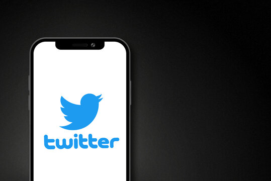 Twitter logo on smartphone screen on black background. Twitter is a free social media network app for microblogging and sharing messages. Moscow, Russia - February, 2023