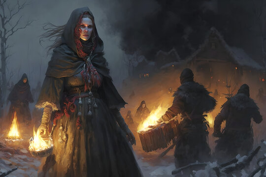 A young lady, considered a witch in medieval times, is standing in front of a burning village, ready to use her powers to defeat the sources of evil and the enemy soldiers who burn and turture people