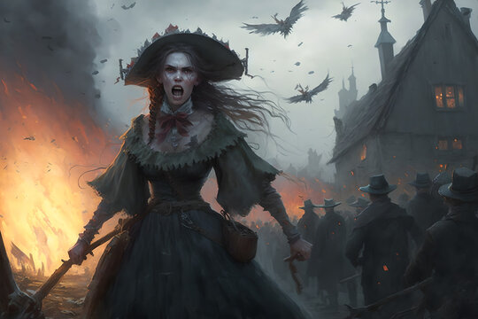 A young lady, considered a witch in medieval times, is standing in front of a burning village, ready to use her powers to defeat the sources of evil and the enemy soldiers who burn and turture people