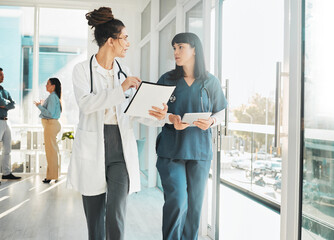 Advice, communication and doctors talking about healthcare, medical agenda and shift schedule....