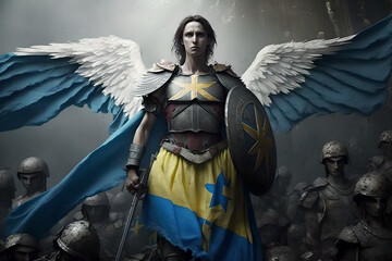 A heroic ukrainian soldier with wings superpowered angel is here to fight for ukraine and kill and destroy the russian invasion, fantasy and hope, portrait