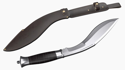 Modern Kukri knife with a leather scabbard. 3D rendering