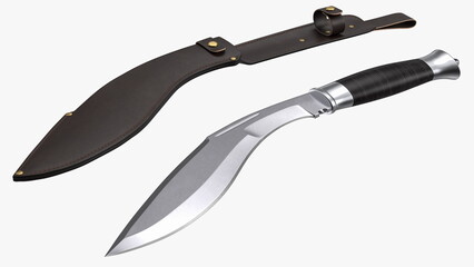 Modern Kukri knife with a leather scabbard. 3D rendering - obrazy, fototapety, plakaty